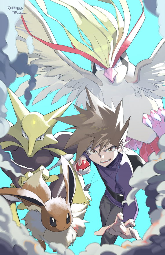 1boy alakazam artist_name bag bangs black_eyes black_pants blue_background brown_eyes brown_hair claws commentary dated eevee ege_(597100016) gen_1_pokemon hand_up happy holding holding_poke_ball jewelry long_sleeves looking_at_viewer male_focus necklace ookido_green open_mouth pants pidgeot poke_ball poke_ball_(generic) pokemon pokemon_(creature) pokemon_(game) pokemon_lgpe purple_shirt shirt short_hair signature simple_background smile smoke spoon teeth