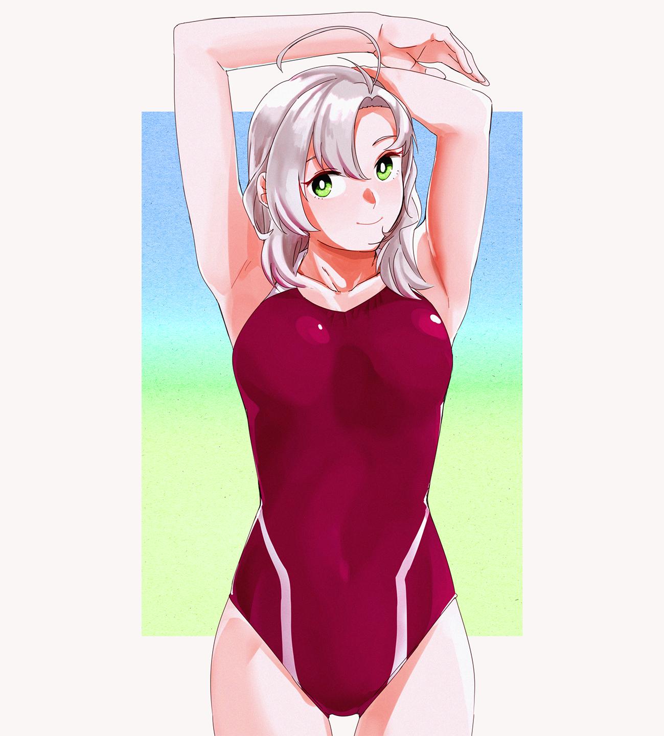 1girl ahoge armpits arms_up bangs bare_shoulders blush breasts closed_mouth collarbone commentary competition_swimsuit covered_navel cowboy_shot eyebrows_visible_through_hair green_eyes hair_between_eyes hair_over_shoulder highleg highleg_swimsuit highres kantai_collection kinugasa_(kantai_collection) large_breasts long_hair looking_at_viewer ojipon one-piece_swimsuit pink_hair smile solo standing swimsuit symbol_commentary