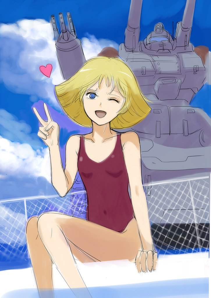 1girl blonde_hair blue_eyes breasts clouds commentary_request gacha-m gundam looking_at_viewer mecha mobile_suit_gundam one_eye_closed sayla_mass short_hair smile swimsuit