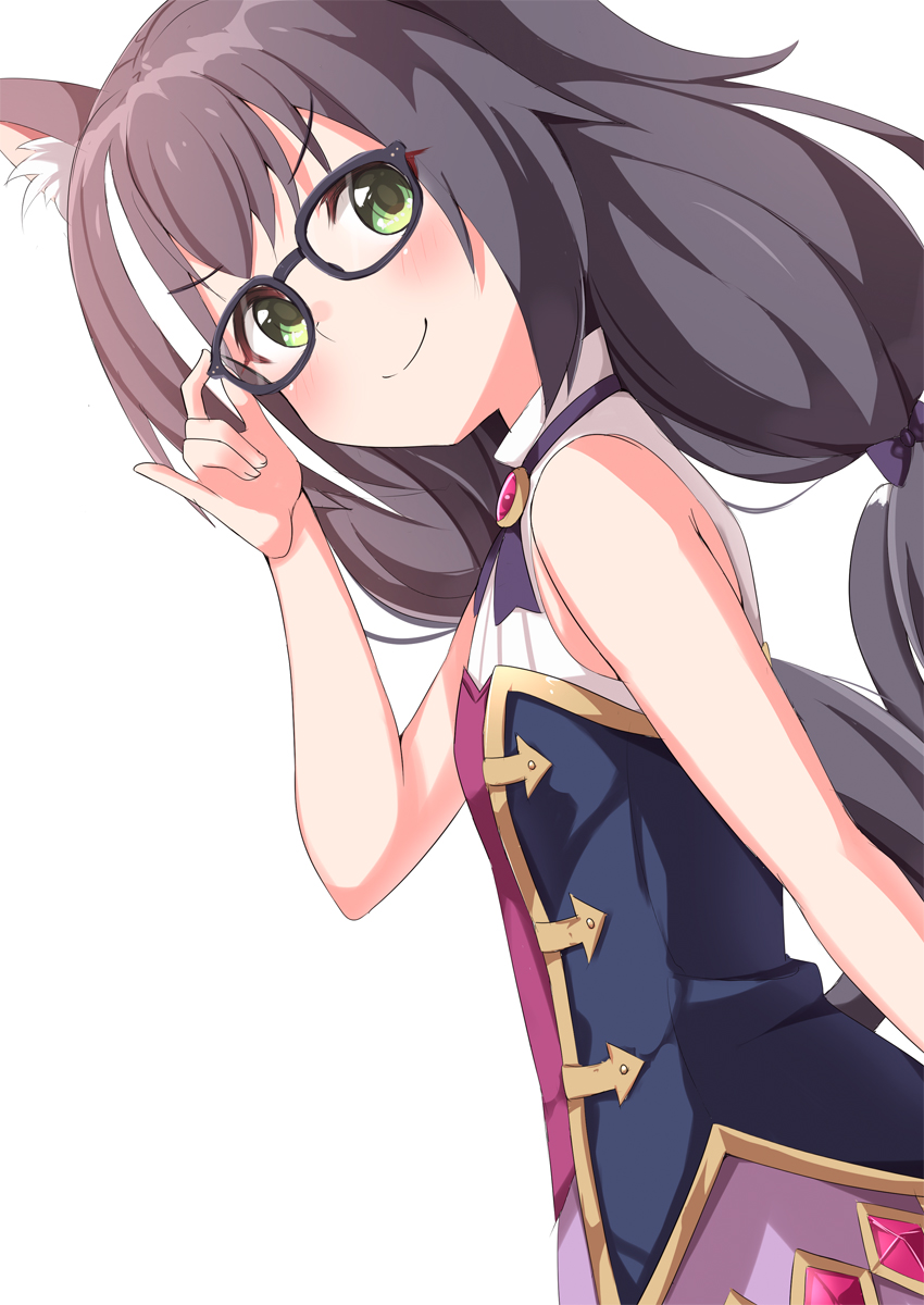 &gt;:) 1girl ame. animal_ear_fluff animal_ears bare_arms bare_shoulders bespectacled black-framed_eyewear black_hair blush cat_ears cat_girl cat_tail closed_mouth commentary_request dutch_angle glasses green_eyes highres kyaru_(princess_connect) long_hair low_twintails pink_skirt princess_connect! princess_connect!_re:dive shirt simple_background skirt sleeveless sleeveless_shirt smile solo tail tail_raised twintails v-shaped_eyebrows very_long_hair white_background white_shirt