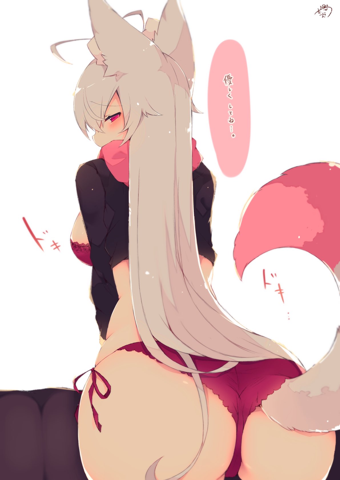 1girl animal_ears antenna_hair ass black_jacket bra commentary eyebrows_visible_through_hair fox_ears fox_girl fox_tail from_behind highres jacket long_hair looking_at_viewer mugi-chan_(muuran) muuran original panties pink_bra pink_eyes pink_panties pink_scarf scarf side-tie_panties signature simple_background solo tail translated underwear white_background white_hair