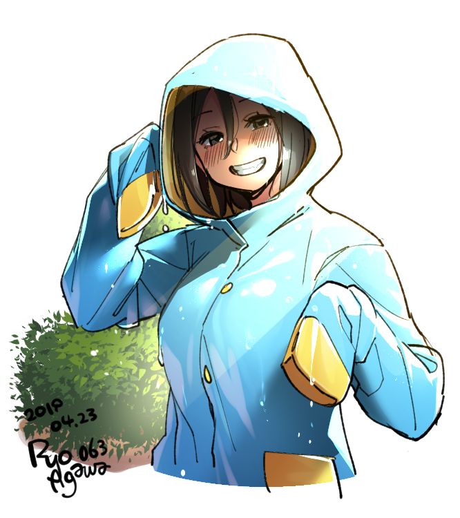 1girl agawa_ryou blue_coat blush brown_eyes brown_hair bush commentary cowboy_shot dated english_commentary grin hood hood_up hooded_coat looking_at_viewer nose_blush original raincoat short_hair sleeves_past_wrists smile solo wet wet_clothes