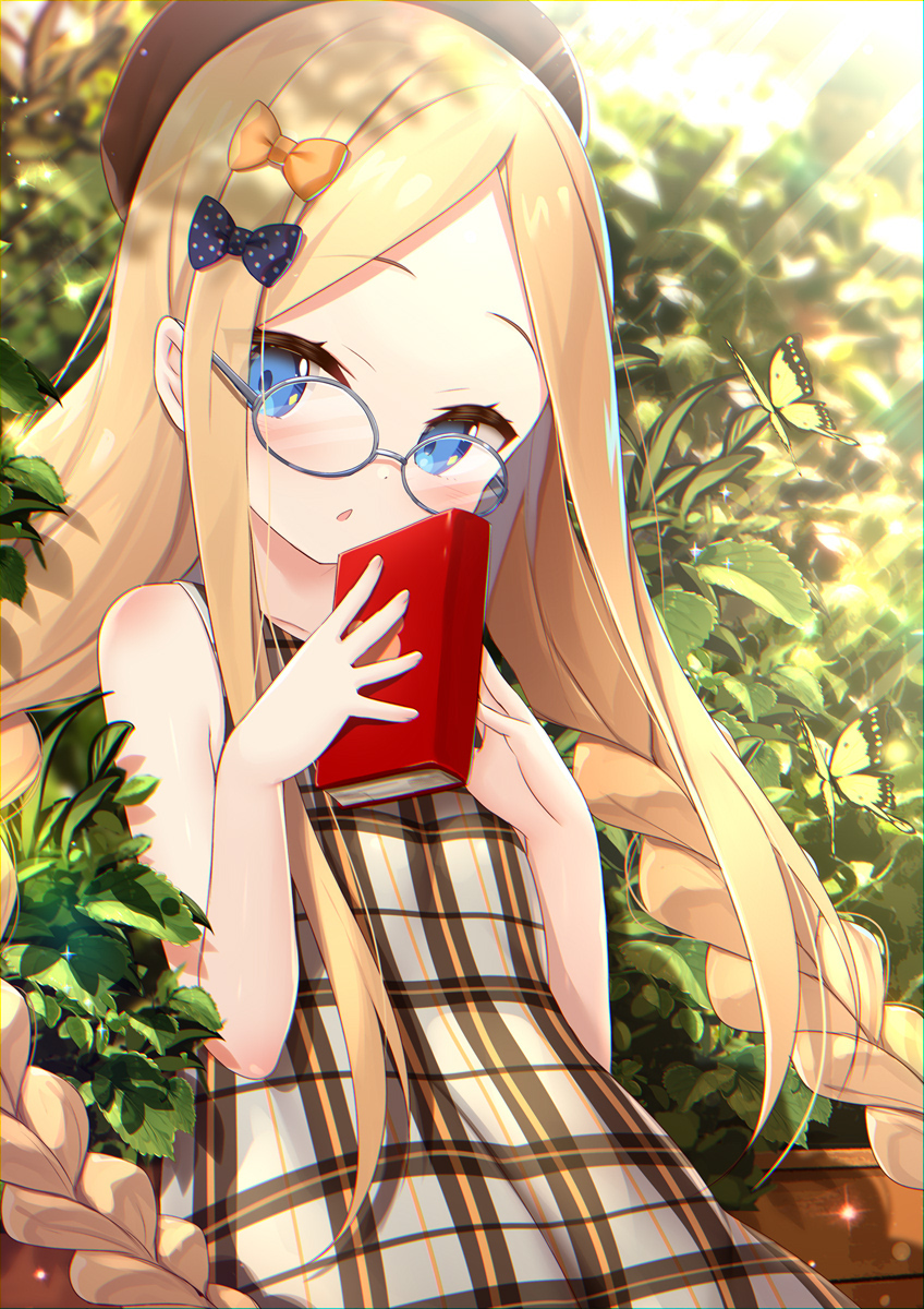 1girl abigail_williams_(fate/grand_order) alternate_costume alternate_hairstyle animal bangs bare_arms bare_shoulders beret bespectacled black_bow black_headwear blonde_hair blue_eyes blush book bow braid brown_dress bug butterfly collarbone day dress eyebrows_visible_through_hair fate/grand_order fate_(series) fingernails forehead glasses grey-framed_eyewear hair_bow hands_up hat highres holding holding_book insect leaf long_hair looking_at_viewer low_twintails orange_bow outdoors parted_bangs parted_lips plaid plaid_dress plant polka_dot polka_dot_bow round_eyewear silver-framed_eyewear sleeveless sleeveless_dress solo sunlight twin_braids twintails upper_body very_long_hair yano_mitsuki