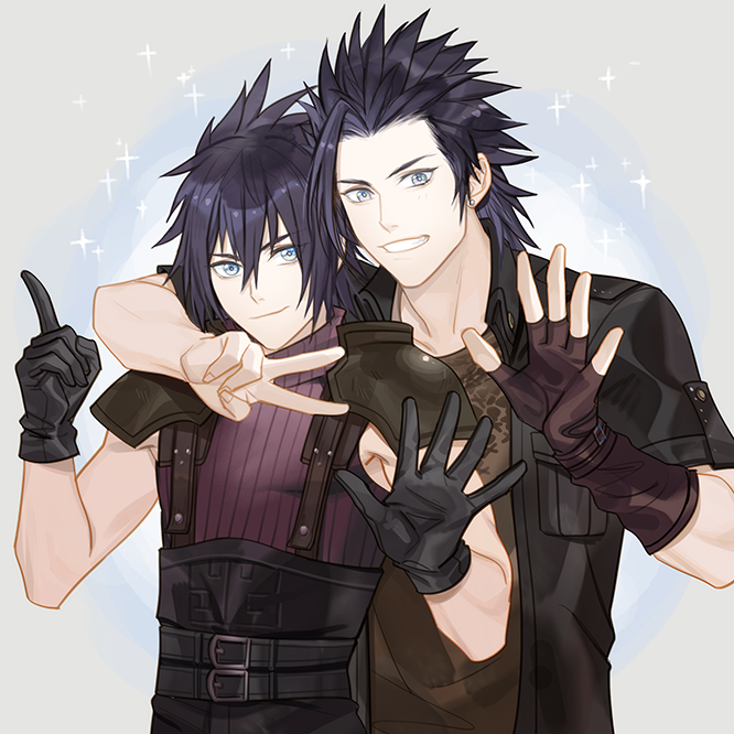 2boys black_hair black_jacket final_fantasy final_fantasy_vii final_fantasy_xv fingerless_gloves ginmu gloves jacket looking_at_viewer male_focus multiple_boys noctis_lucis_caelum shirt weapon zack_fair