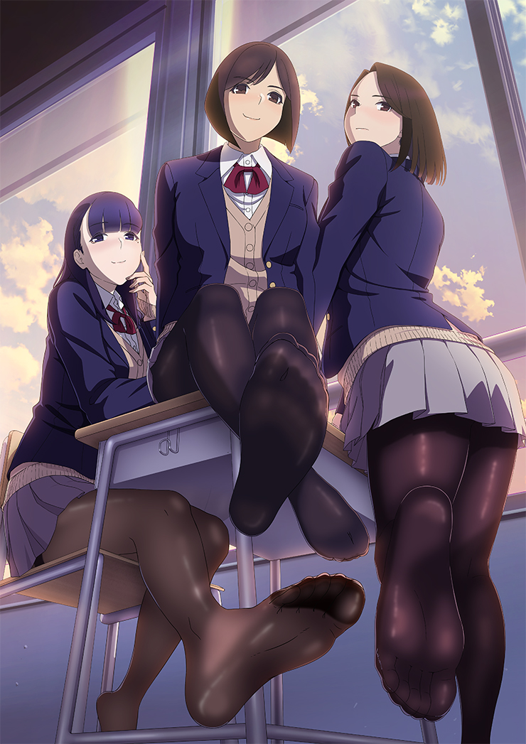 3girls aikawa_ren bangs beige_cardigan black_legwear blazer blue_eyes blue_hair blue_jacket blue_sky blush breasts brown_eyes brown_hair chair classroom clouds crossed_ankles day desk eyebrows_visible_through_hair feet forehead from_below grey_skirt indoors jacket long_hair long_sleeves looking_at_viewer looking_back miru_tights moegi_homi mole mole_under_eye multiple_girls nakabeni_yua no_shoes official_art panties pantyhose pleated_skirt school_uniform short_hair sitting skirt sky smile soles standing standing_on_one_leg underwear white_panties window yomu_(sgt_epper)