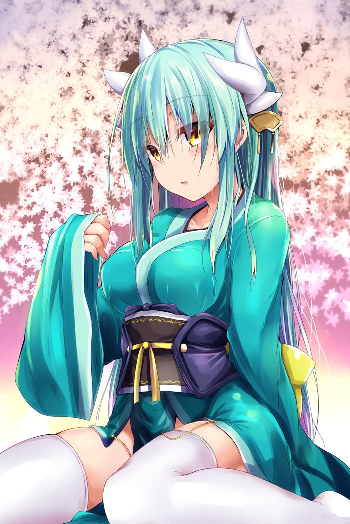 1girl aqua_hair bangs blush breasts cherry_blossoms collarbone commentary_request dragon_horns eyebrows_visible_through_hair fate/grand_order fate_(series) green_hair hair_between_eyes horns japanese_clothes kimono kiyohime_(fate/grand_order) large_breasts long_hair looking_at_viewer parted_lips sen_(astronomy) sitting solo thigh-highs white_horns white_legwear wide_sleeves yellow_eyes