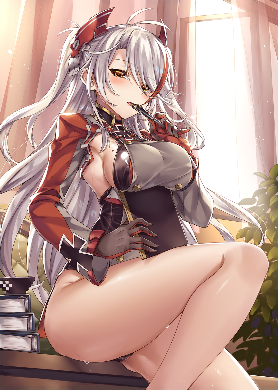 1girl antenna_hair armpit_cutout azur_lane bangs bare_legs black_leotard blush breasts brown_eyes clipboard commentary covered_nipples day deal_with_it desk eyebrows_visible_through_hair eyewear_removed gloves headgear highres indoors iron_cross knee_up ks leotard long_hair long_sleeves looking_at_viewer medium_breasts mole mole_on_breast multicolored_hair no_pants on_desk pelvic_curtain prinz_eugen_(azur_lane) redhead saliva saliva_trail sideboob sidelocks silver_hair sitting sitting_on_desk solo streaked_hair sunglasses sunlight sweat swept_bangs tongue tongue_out two_side_up underwear window