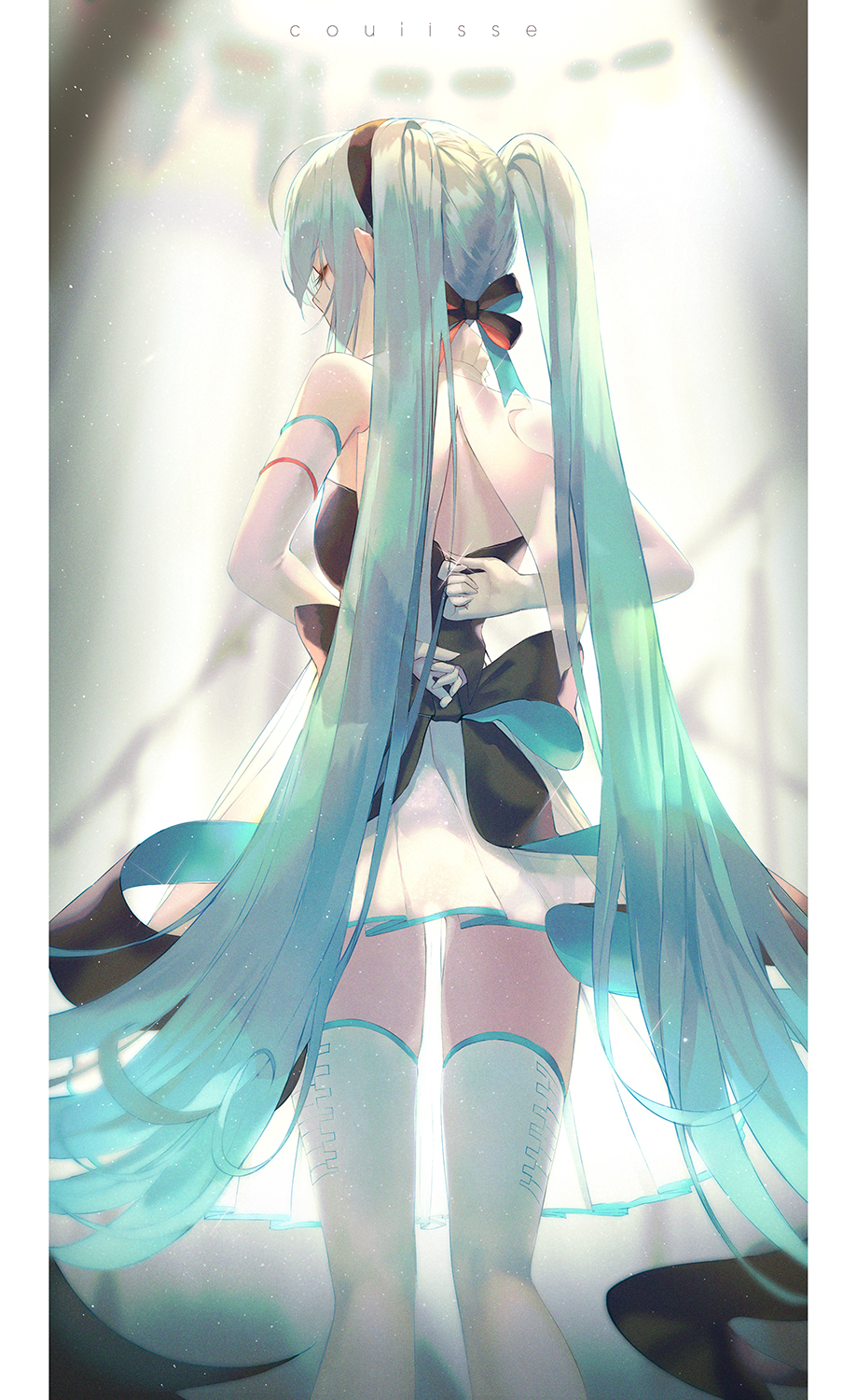 1girl aqua_hair arms_behind_back back_bow bare_shoulders black_bow blurry blurry_background bow closed_eyes covered_mouth dress dressing elbow_gloves eyelashes feet_out_of_frame from_behind glint gloves green_hair hair_ribbon hatsune_miku highres long_hair miku_symphony_(vocaloid) pleated_dress profile revision ribbon see-through_silhouette seol skirt solo standing thigh-highs twintails very_long_hair vocaloid white_dress white_gloves white_legwear