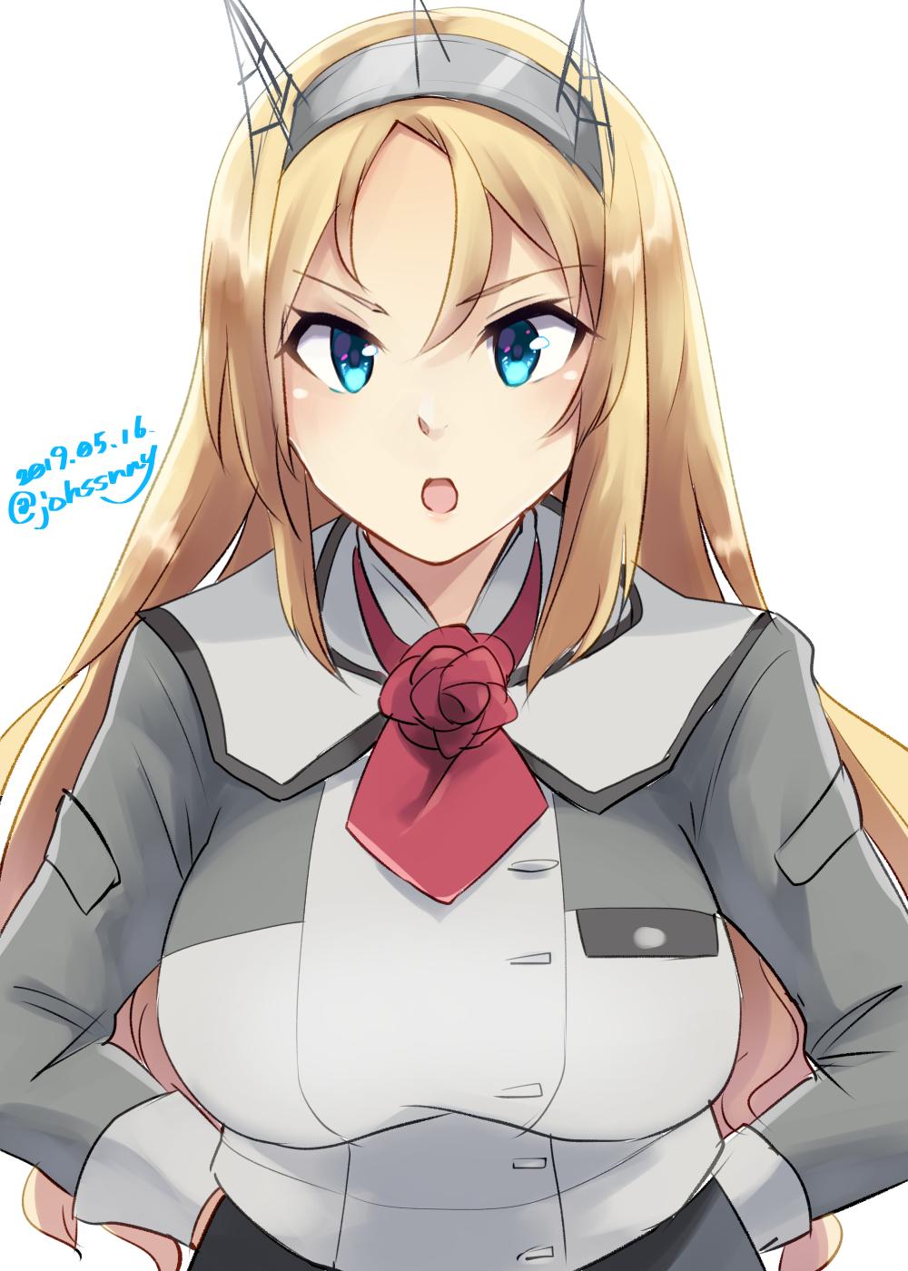 1girl blonde_hair blue_eyes breasts dated grey_skirt hands_on_hips headgear highres johssnny kantai_collection large_breasts long_hair long_sleeves looking_at_viewer military military_uniform nelson_(kantai_collection) remodel_(kantai_collection) simple_background skirt solo standing twitter_username uniform upper_body white_background