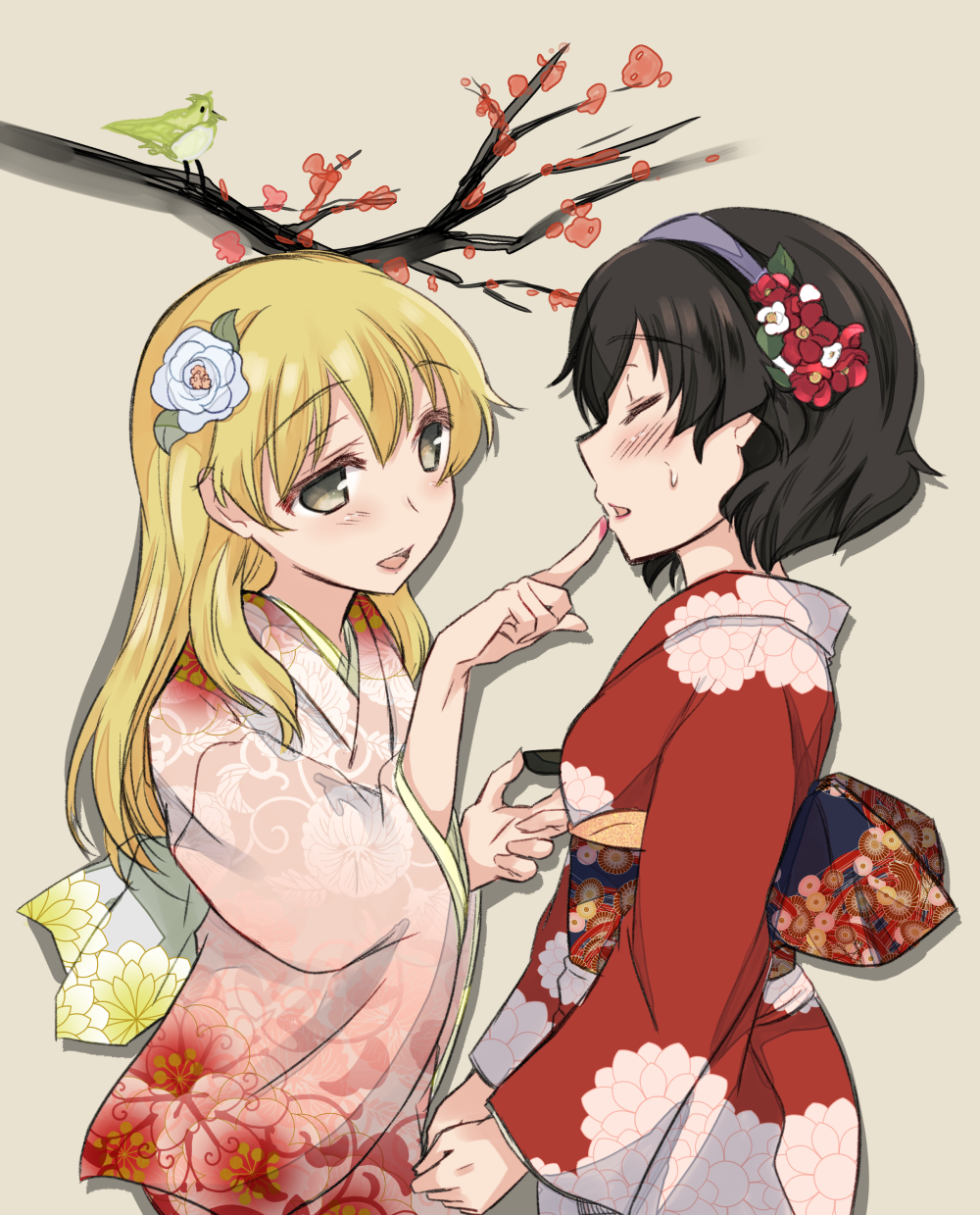 2girls abenattou applying_makeup bangs beige_background bird blonde_hair blush brown_hair caesar_(girls_und_panzer) carpaccio cherry_blossoms closed_eyes commentary eyebrows_visible_through_hair facing_another floral_print girls_und_panzer green_eyes hair_ribbon hand_on_another's_face highres holding holding_saucer japanese_clothes kimono lipstick long_hair long_sleeves looking_at_another makeup multiple_girls obi open_mouth pink_kimono print_kimono red_kimono ribbon sash saucer shadow short_hair smile standing sweatdrop tree wide_sleeves yuri