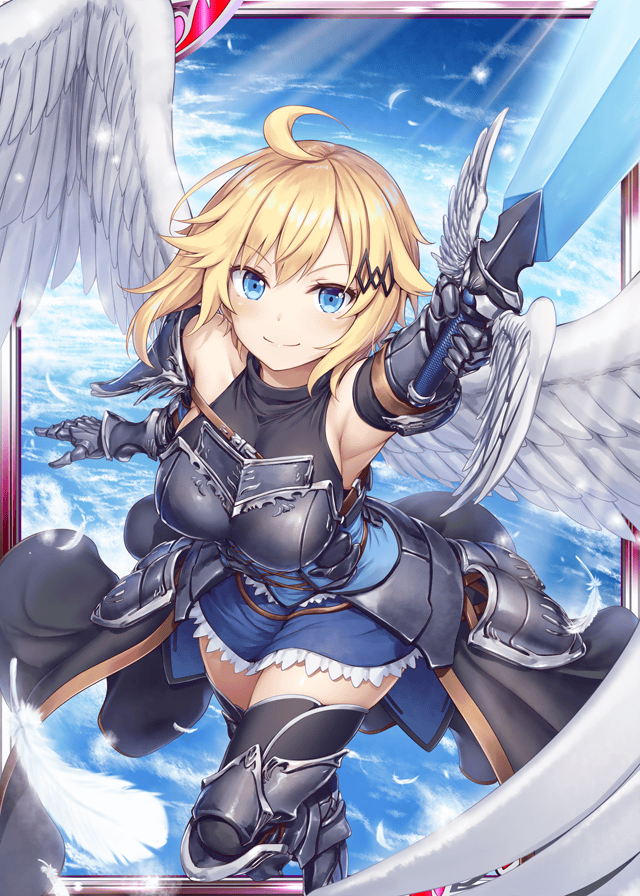 1girl akkijin angel_wings armor armpits bare_shoulders blonde_hair blue_eyes blue_sky breasts card_(medium) day feathers flying holding holding_sword holding_weapon large_breasts official_art shinkai_no_valkyrie short_hair sky smile sword thigh-highs weapon wings