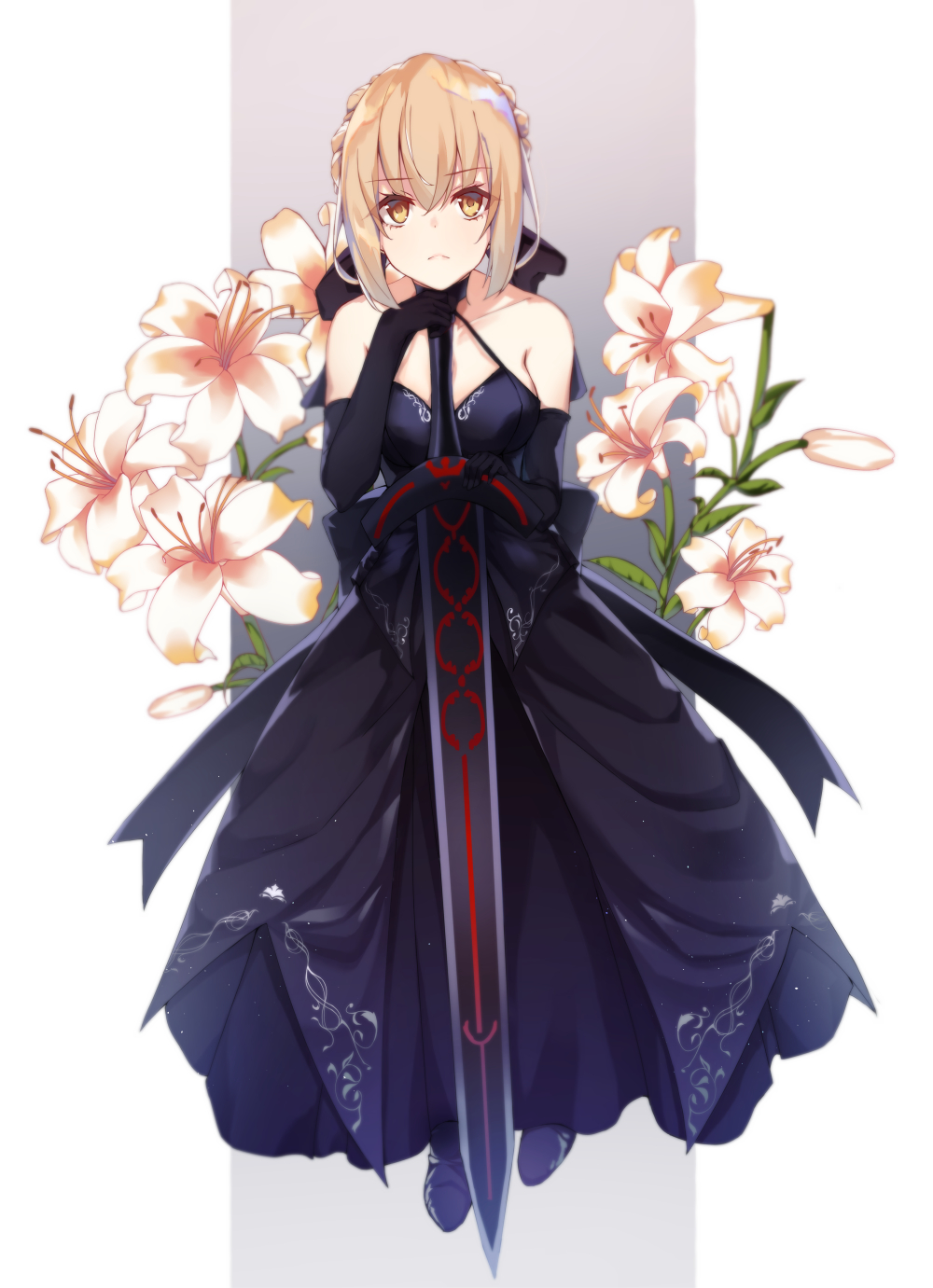 1girl artoria_pendragon_(all) bare_shoulders black_dress black_gloves blonde_hair breasts cleavage collarbone commentary_request dlwoals1532 dress elbow_gloves eyebrows_visible_through_hair fate/grand_order fate_(series) flower from_above gloves grey_background highres holding holding_sword holding_weapon long_dress looking_at_viewer medium_breasts ribbon saber_alter sleeveless sleeveless_dress solo sword weapon white_background yellow_eyes