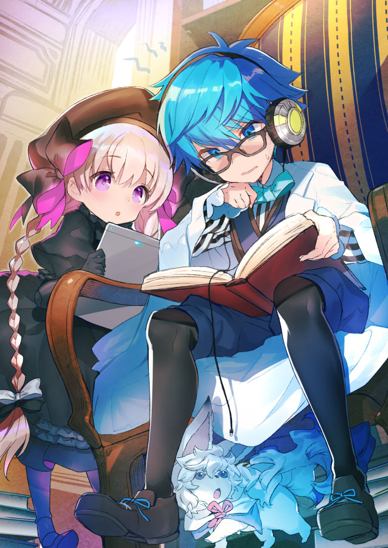 1boy 1girl :o armchair bangs beret black-framed_eyewear black_bow black_dress black_footwear black_gloves black_headwear black_legwear blue_bow blue_eyes blue_hair blue_shorts blue_vest blush book bow braid chair commentary_request creature doll_joints dress elbow_gloves eyebrows_visible_through_hair fate/extra fate/extra_ccc fate/grand_order fate_(series) fou_(fate/grand_order) glasses gloves gothic_lolita hair_between_eyes hair_bow hans_christian_andersen_(fate) hat hayama_eishi headphones holding holding_book indoors loafers lolita_fashion long_sleeves low_twintails nursery_rhyme_(fate/extra) official_art on_chair open_book pantyhose parted_lips puffy_short_sleeves puffy_sleeves shirt shoes short_shorts short_sleeves shorts sitting sleeves_past_wrists standing striped striped_shirt sweat twin_braids twintails vertical-striped_shirt vertical_stripes vest violet_eyes white_hair