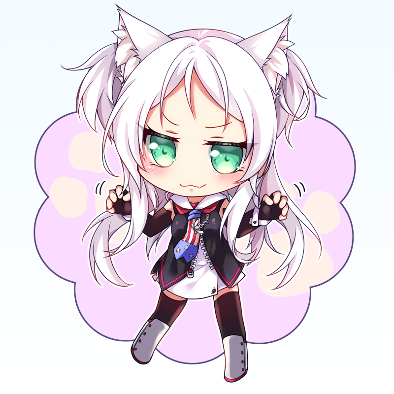 1girl :3 american_flag animal_ears azur_lane bangs black_gloves cat_ears chibi commentary_request elbow_gloves fang fingerless_gloves flag_print gloves green_eyes long_hair setsugetsu_yue silver_hair sims_(azur_lane) solo thigh-highs white_hair