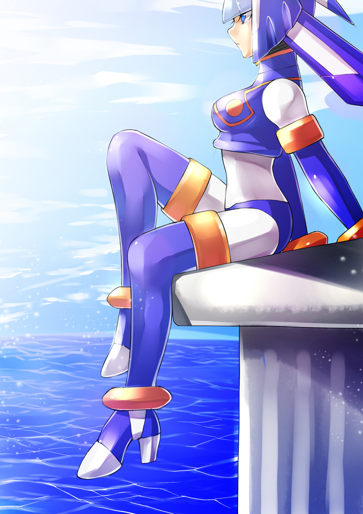 1girl android arm_support blue_eyes blue_sky boots breasts clouds commentary_request day helmet high_heels leviathan_(rockman) m-zoner medium_breasts ocean profile rockman rockman_zero sitting sky solo thigh-highs thigh_boots water