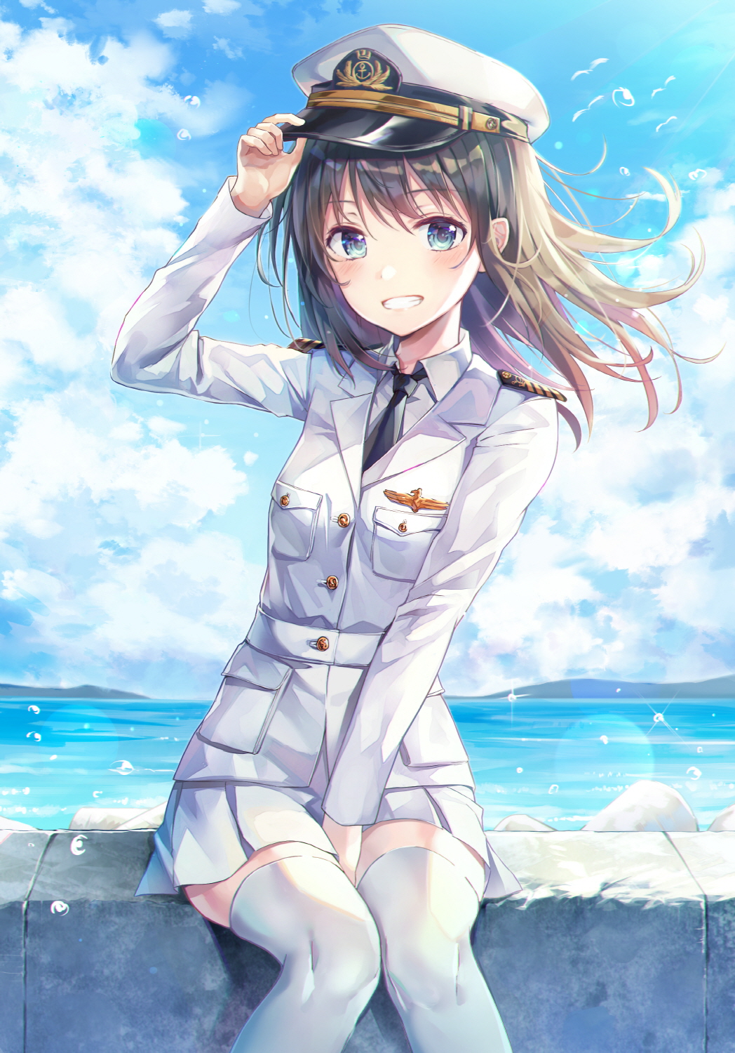 1girl animal badge between_legs bird black_hair black_neckwear blue_eyes blue_sky breast_pocket clouds cloudy_sky collared_shirt day flock glint grin hand_up hat highres horizon huwali_(dnwls3010) jacket lens_flare long_hair long_sleeves looking_at_viewer miniskirt necktie ocean original outdoors peaked_cap pleated_skirt pocket shirt skirt sky smile solo teeth thigh-highs undershirt uniform water white_jacket white_legwear white_shirt white_skirt wing_collar zettai_ryouiki