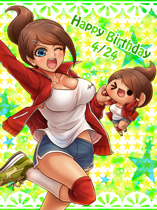 1girl ;d arm_up asahina_aoi bandaid blue_eyes blue_shorts breasts brown_hair character_doll cleavage collarbone dangan_ronpa dangan_ronpa_1 green_footwear hair_ornament hairclip happy_birthday jacket knee_pads kneehighs leg_up long_sleeves medium_breasts one_eye_closed open_clothes open_jacket open_mouth red_jacket shirt shoes short_hair short_shorts shorts sleeveless sleeveless_shirt smile sneakers solo standing standing_on_one_leg track_jacket v-shaped_eyebrows white_legwear white_shirt yumaru_(marumarumaru)