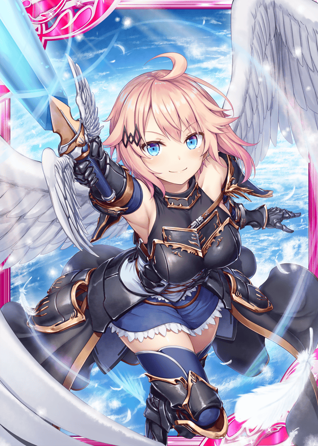 1girl akkijin angel_wings armor armpits bare_shoulders blue_eyes blue_sky breasts card_(medium) day energy_sword feathers flying glowing glowing_weapon holding holding_sword holding_weapon large_breasts official_art pink_hair shinkai_no_valkyrie short_hair sky smile sword thigh-highs weapon wings