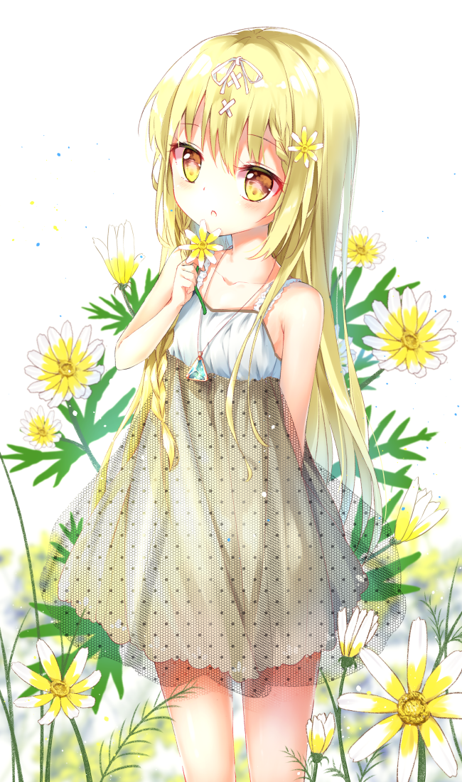 1girl bangs bare_arms bare_shoulders blonde_hair blurry blurry_background brown_eyes collarbone commentary_request depth_of_field dress eyebrows_visible_through_hair flower hair_between_eyes hair_flower hair_ornament hair_ribbon jewelry long_hair original pendant polka_dot ribbon see-through shiraki_shiori sleeveless sleeveless_dress solo very_long_hair white_dress white_ribbon x_hair_ornament yellow_flower
