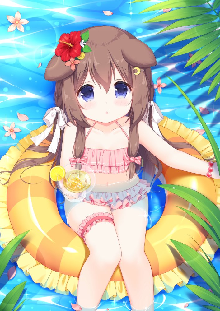 1girl animal_ears azur_lane blue_eyes blush brown_hair collarbone commentary crescent crescent_hair_ornament cup dog_ears flat_chest flower food fruit fumizuki_(azur_lane) hair_flower hair_ornament ikataruto innertube leaf lemon lemon_slice long_hair looking_at_viewer navel parted_lips petals plant solo swimsuit water