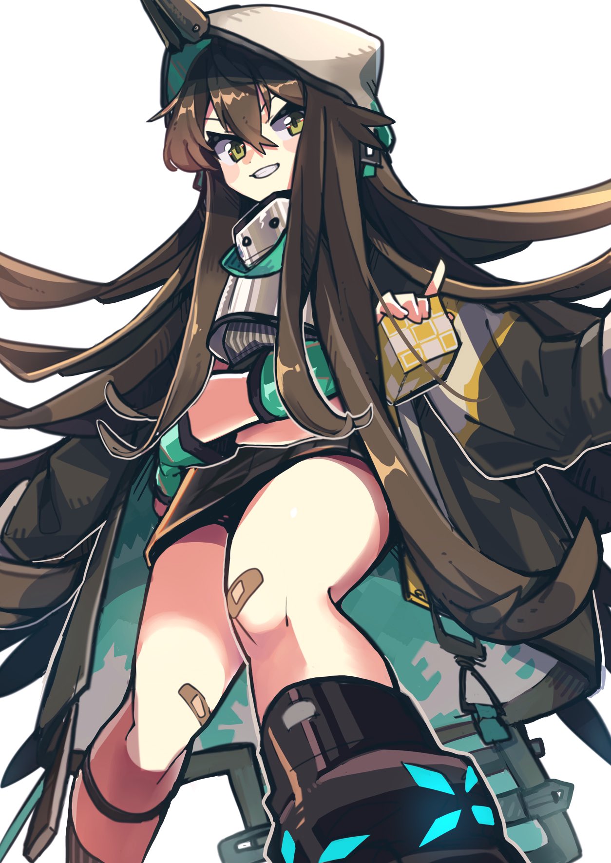 1girl arknights bandaid bandaid_on_knee black_coat black_skirt brown_hair coat commentary cube feet_out_of_frame green_eyes highres holding hood hood_up infection_monitor_(arknights) kafka_(arknights) long_hair looking_at_viewer open_clothes open_coat simple_background skirt solo vegetable_osamuta very_long_hair white_background