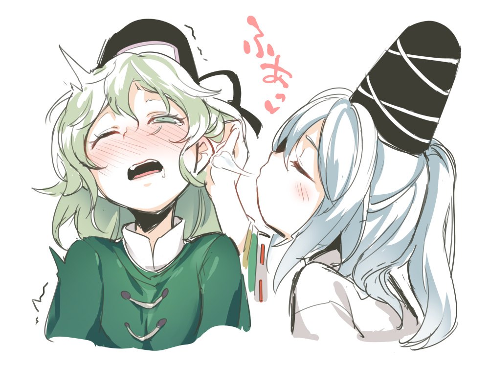 2girls =3 asutora black_headwear black_ribbon blowing_in_ear blush closed_eyes cropped_torso dress drooling from_side green_dress green_eyes green_hair hair_between_eyes half_updo hat hat_ribbon long_sleeves mononobe_no_futo multiple_girls nose_blush one_eye_closed open_mouth profile ribbon ribbon-trimmed_sleeves ribbon_trim saliva shirt short_hair sidelocks silver_hair simple_background soga_no_tojiko tate_eboshi tears touhou translated upper_body white_background white_shirt yuri