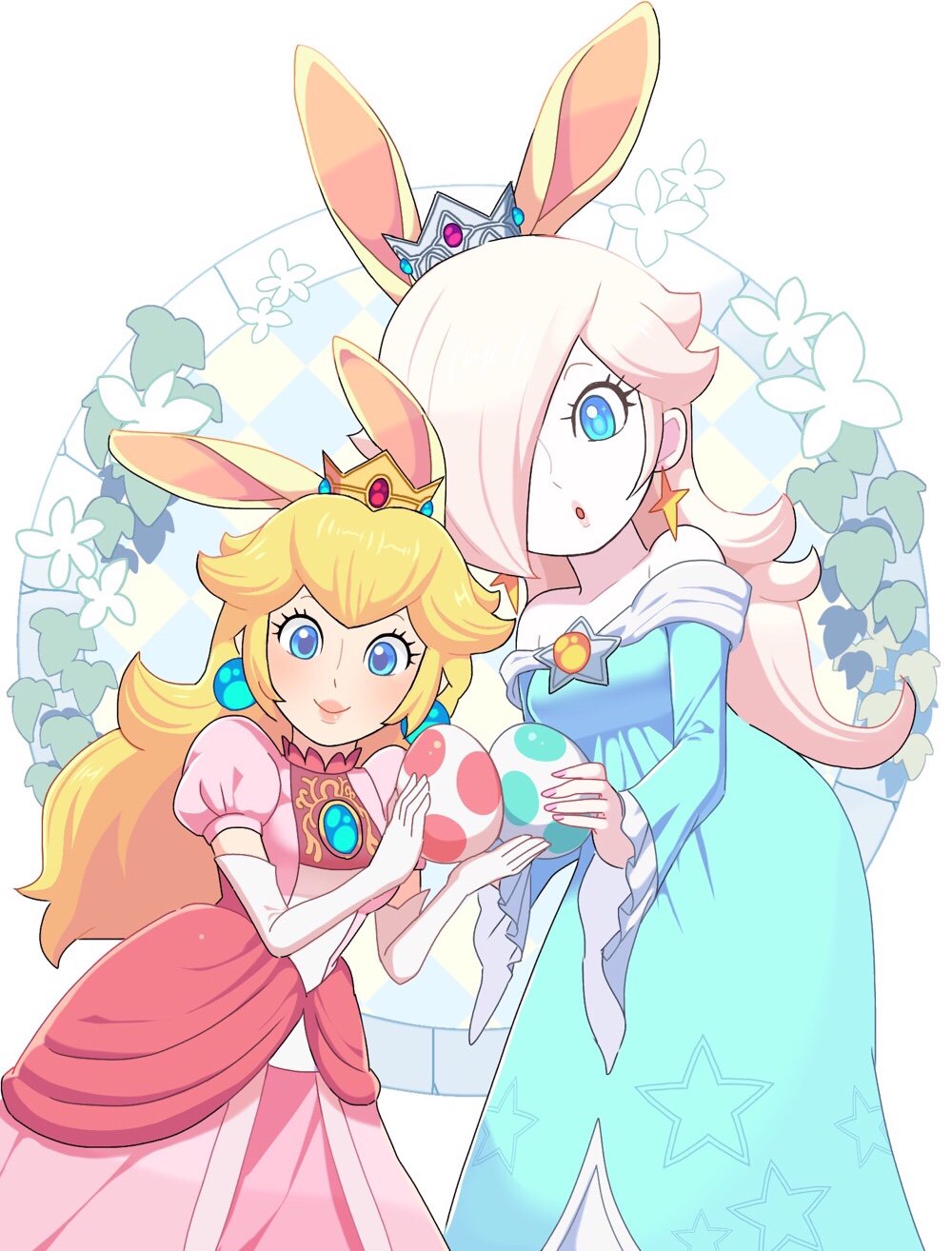 2girls animal_ears bare_shoulders blonde_hair blue_dress blue_eyes blush breasts closed_mouth collarbone commentary_request crown dress earrings easter egg elbow_gloves gem gloves hair_over_one_eye hands_up happy highres holding jewelry jpeg_artifacts long_hair long_sleeves looking_at_viewer super_mario_bros. multiple_girls off_shoulder omochi_(glassheart_0u0) open_mouth princess_peach puffy_short_sleeves puffy_sleeves rabbit_ears rosalina shiny shiny_hair short_sleeves small_breasts smile standing star star_print super_mario_galaxy white_gloves