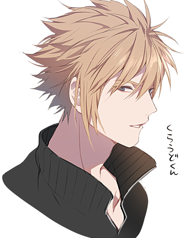 1boy bangs blonde_hair blue_eyes character_name cloud_strife commentary final_fantasy final_fantasy_vii final_fantasy_vii_advent_children from_side hair_between_eyes high_collar looking_to_the_side male_focus parted_lips ryon_(ryonhei) short_hair spiky_hair square_enix translated