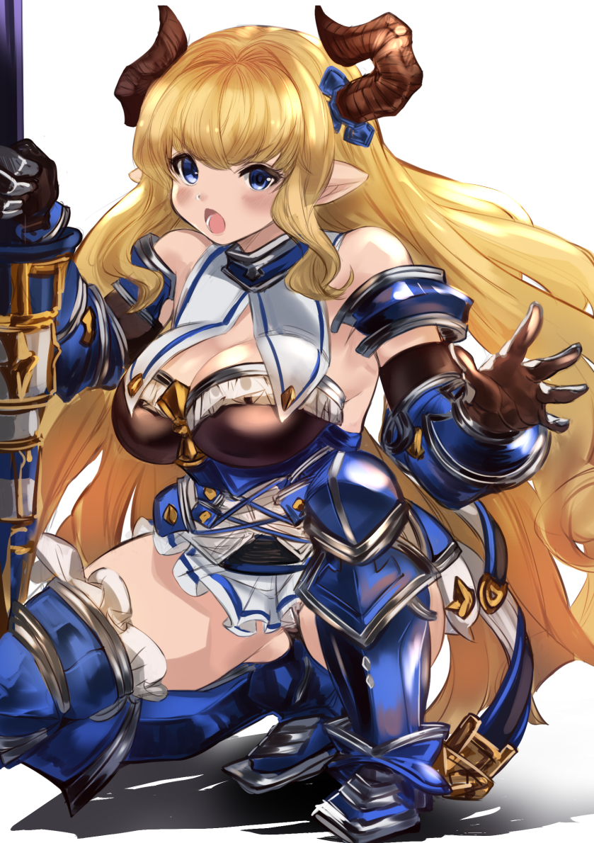 1girl armored_boots blonde_hair blue_eyes boots breasts cleavage draph gluteal_fold granblue_fantasy horns lance large_breasts maou_(maoudaisukiya) open_mouth planted_weapon pointy_ears polearm rastina squatting thighs weapon white_background