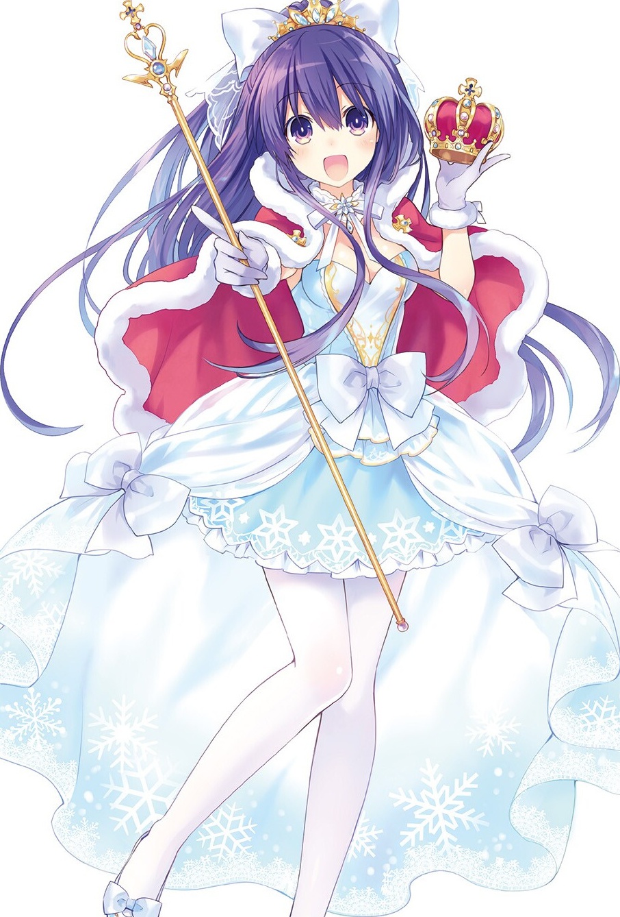 1girl :d bow breasts cape cleavage date_a_live diadem dress eyebrows_visible_through_hair floating_hair fur-trimmed_cape fur-trimmed_gloves fur_trim gloves grey_gloves hair_between_eyes hair_bow highres holding holding_crown holding_staff index_finger_raised long_hair looking_at_viewer medium_breasts neck_ribbon novel_illustration official_art open_mouth pantyhose purple_hair red_cape ribbon short_dress simple_background sleeveless sleeveless_dress smile solo staff strapless strapless_dress tsunako very_long_hair violet_eyes wading white_background white_bow white_dress white_legwear white_ribbon yatogami_tooka