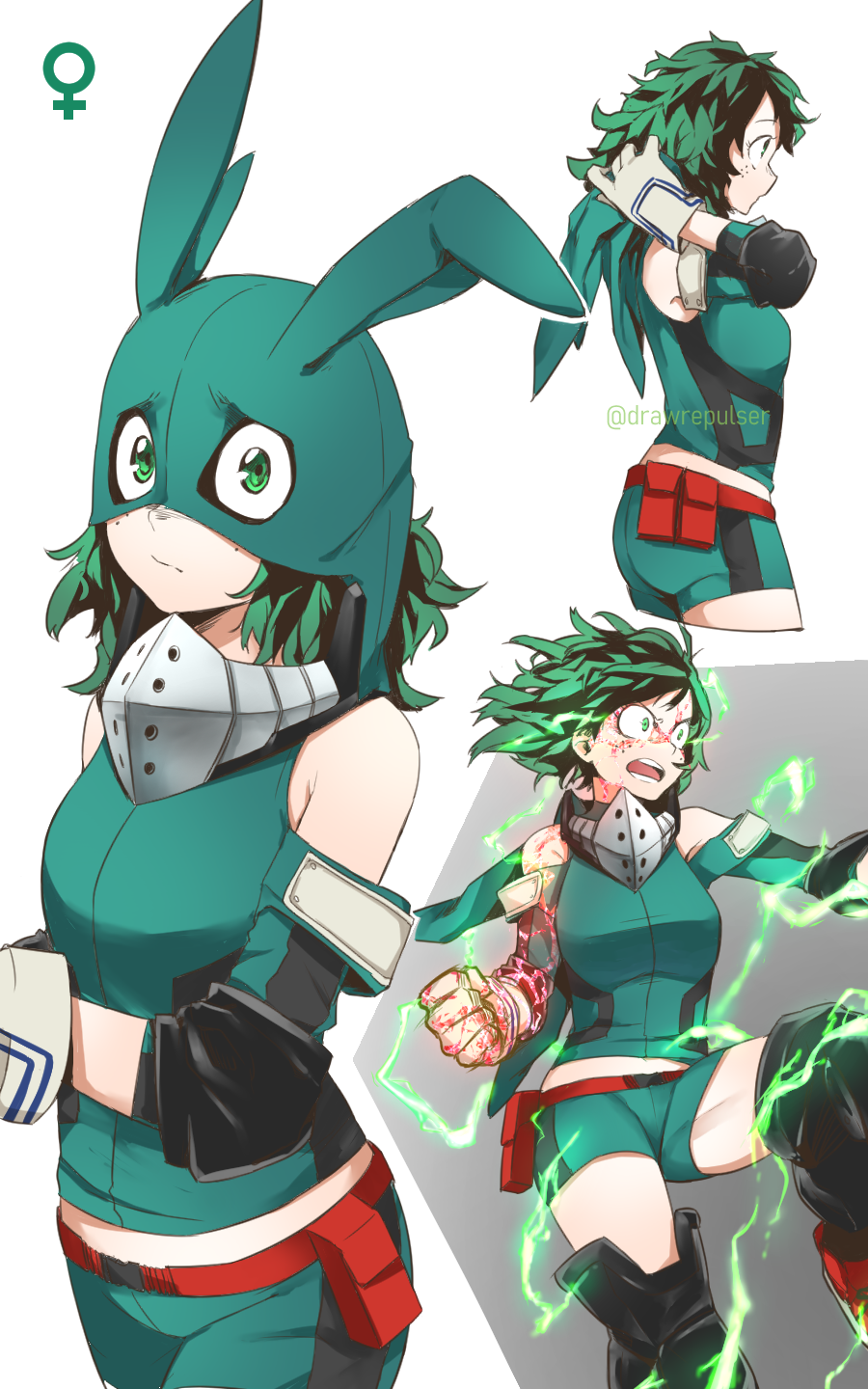 1girl artist_name ass bare_shoulders black_legwear blood bloody_clothes bodysuit boku_no_hero_academia breasts commentary drawrepulser energy english_commentary face_mask freckles from_side genderswap genderswap_(mtf) gloves green_bodysuit green_eyes green_hair green_hood highres hood large_breasts looking_at_viewer mask midoriya_izuku multiple_views short_hair shorts simple_background twitter_username two-tone_background v-shaped_eyebrows white_gloves