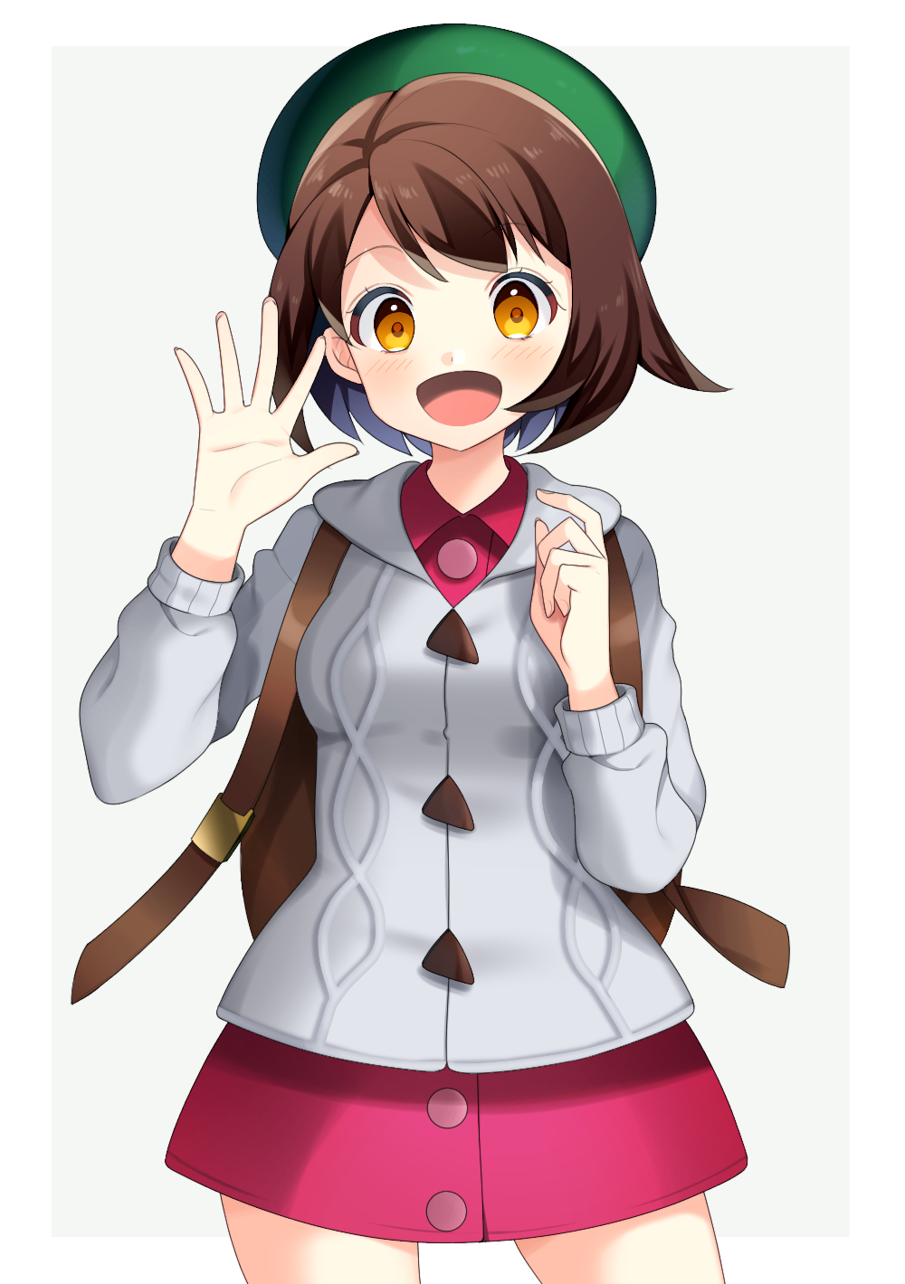 1girl :d brown_hair collared_shirt cowboy_shot dress_shirt female_protagonist_(pokemon_swsh) green_headwear grey_cardigan highres hooded_cardigan long_sleeves looking_at_viewer miniskirt open_mouth outstretched_hand pencil_skirt pokemon pokemon_(game) pokemon_swsh red_shirt red_skirt shirt short_hair skirt smile solo standing waving white_background wing_collar yellow_eyes yuihiko