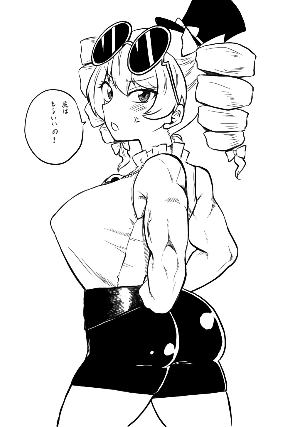 1girl anger_vein arched_back armpit_peek arms_behind_back ass bike_shorts blush breasts commentary_request covered_nipples cowboy_shot drill_hair eyebrows_visible_through_hair eyewear_on_head hair_ribbon hat highres himajin_noizu jewelry large_breasts looking_at_viewer monochrome muscle muscular_female necklace open_mouth profile ribbon sleeveless solo touhou translated veins yorigami_jo'on