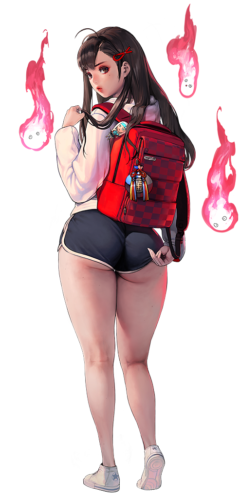 1girl ahoge ass back backpack bag black_hair destiny_child eyelashes eyeshadow from_behind gym_shorts hair_ornament hair_ribbon hairclip hand_up hitodama hood hoodie kneepits lipstick long_hair looking_at_viewer makeup mole mole_on_thigh mole_under_eye nightmadness official_art red_backpack ribbon shoes short_shorts shorts solo standing suzuki_rinko sweatshirt thick_thighs thighs transparent_background