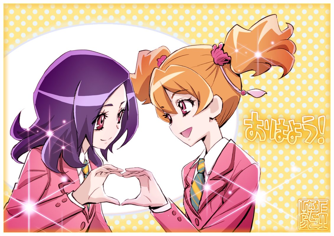 2girls :d blazer border brown_hair commentary eye_contact eyebrows_visible_through_hair fresh_precure! hair_between_eyes hair_ornament heart heart_hands heart_hands_duo higashi_setsuna jacket kamikita_futago lens_flare long_hair long_sleeves looking_at_another momozono_love multiple_girls necktie open_mouth pink_eyes polka_dot polka_dot_background precure public_yotsuba_middle_school_uniform purple_hair red_eyes school_uniform signature smile translated twintails upper_body white_border