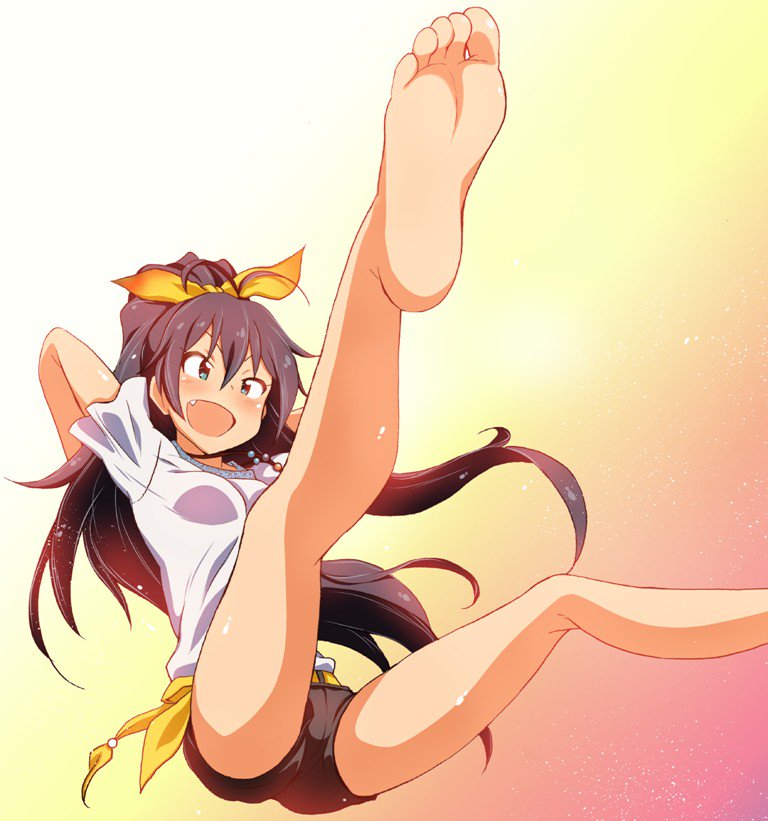 1girl :d antenna_hair bare_legs barefoot black_hair blush bow commentary_request fang feet foot_out_of_frame ganaha_hibiki gradient gradient_background green_eyes hair_between_eyes hair_bow high_ponytail idolmaster idolmaster_(classic) legs_up long_hair no.gomesu open_mouth ponytail pov_feet shorts smile soles solo toes translation_request yellow_bow