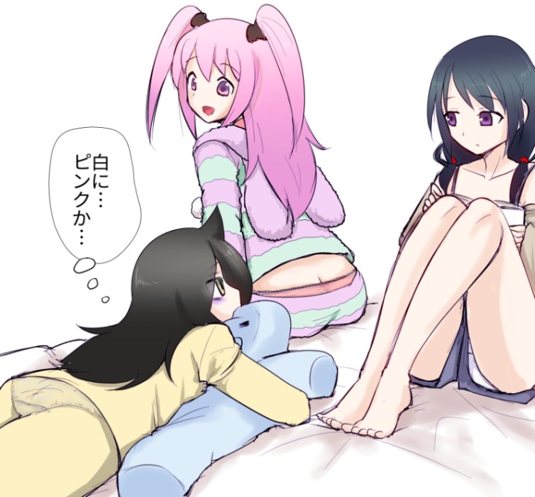 3girls ass bags_under_eyes barefoot bed bed_sheet black_hair blanket blush breasts butt_crack colored_stripes dokuna futon green_eyes indoors kuroki_tomoko long_hair loungewear low_twintails multiple_girls nemoto_hina on_bed pajamas panties pantylines pillow pink_eyes pink_hair sitting striped striped_hoodie tamura_yuri thought_bubble translated twintails underwear violet_eyes watashi_ga_motenai_no_wa_dou_kangaetemo_omaera_ga_warui! yellow_pajamas