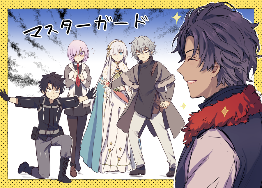 2girls 3boys anastasia_(fate/grand_order) black_gloves black_hair blue_eyes cape command_spell dark_skin dark_skinned_male doll fate/grand_order fate_(series) fujimaru_ritsuka_(male) glasses gloves grey_hair hair_over_one_eye kadoc_zemlupus lavender_hair mash_kyrielight multiple_boys multiple_girls necktie one_knee pantyhose salazar_(fate/grand_order) shidomura silver_hair sparkle violet_eyes