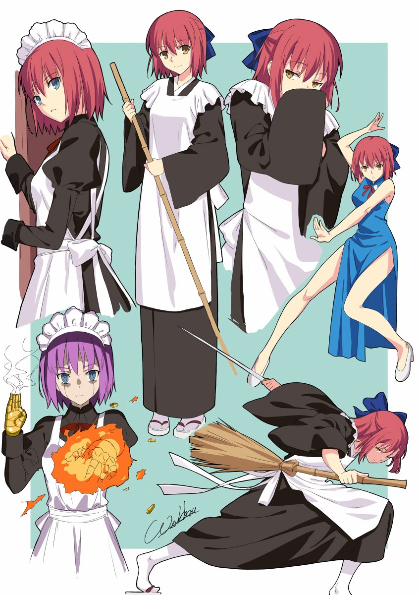 android apron aqua_background bamboo_broom blue_eyes blue_ribbon border broom china_dress chinese_clothes covering_mouth dress fire hair_between_eyes high_heels highres hisui japanese_clothes kimono kohaku looking_at_viewer maid maid_apron maid_headdress mecha_hisui melty_blood mr_chin multiple_girls outside_border pink_hair purple_hair redhead ribbon signature tabi thighs tsukihime wa_maid werkbau white_border wide_sleeves yellow_eyes