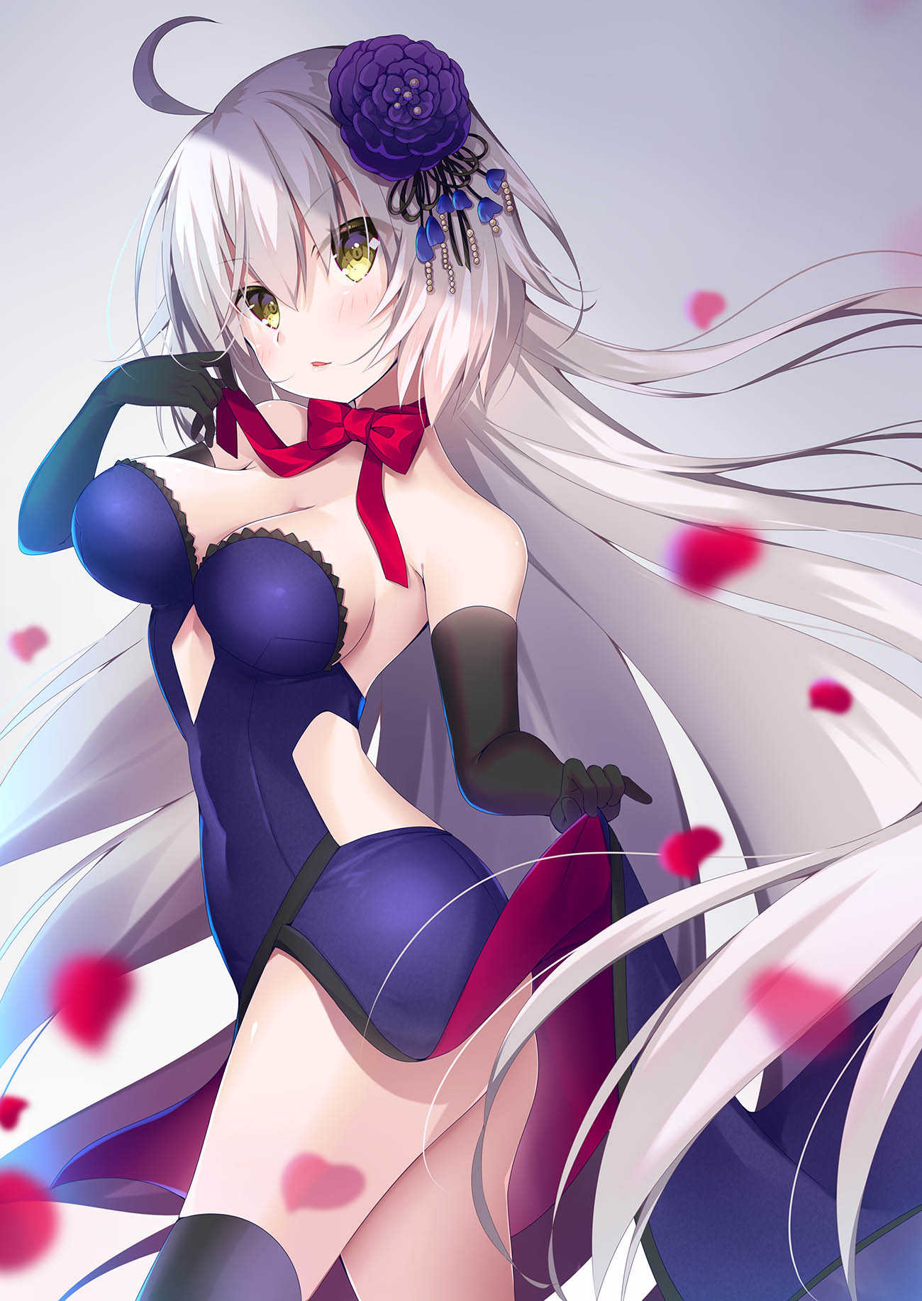 1girl ahoge bangs bare_shoulders black_gloves black_legwear blush bow breasts cleavage commentary_request dress dress_lift elbow_gloves eyebrows_visible_through_hair fate/grand_order fate_(series) flower gloves grey_hair hair_between_eyes hair_flower hair_ornament hand_up head_tilt highres jeanne_d'arc_(alter)_(fate) jeanne_d'arc_(fate)_(all) ko_yu large_breasts lifted_by_self long_hair parted_lips petals purple_dress purple_flower red_bow solo strapless strapless_dress thigh-highs very_long_hair yellow_eyes