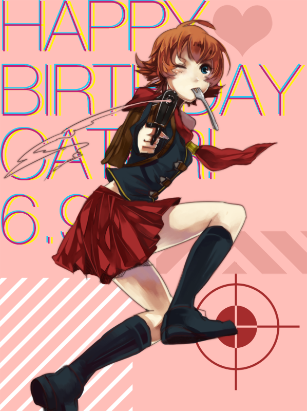 1girl akademeia_uniform backpack bag breasts brown_hair cape cater_(fft-0) final_fantasy final_fantasy_type-0 fork green_eyes gun handgun happy_birthday holding holding_gun holding_weapon jacket looking_at_viewer meka_(totto18) midriff navel neckwear open_mouth pistol plaid plaid_skirt red_cape scarf school_uniform short_hair skirt smile solo stomach thigh-highs uniform weapon