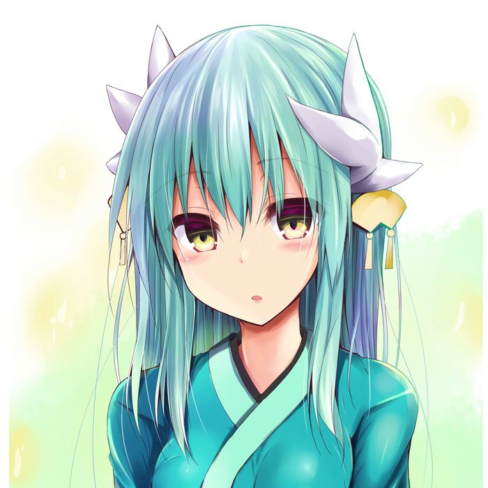 1girl aqua_hair bangs blush breasts commentary_request dragon_horns eyebrows_visible_through_hair face fate/grand_order fate_(series) green_hair green_kimono hair_between_eyes hair_ornament horns japanese_clothes kimono kiyohime_(fate/grand_order) large_breasts long_hair looking_at_viewer sen_(astronomy) solo yellow_eyes