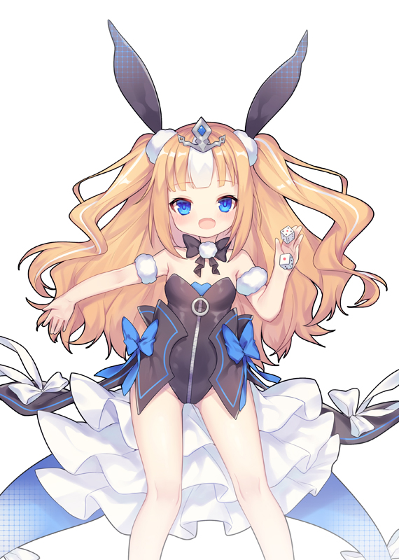 1girl :d azur_lane bangs bare_shoulders black_bow black_leotard black_ribbon blonde_hair blue_eyes blush bow dice eyebrows_visible_through_hair full-length_zipper hair_ribbon holding holding_dice kalk_(azur_lane) leotard long_hair looking_at_viewer multicolored_hair open_mouth outstretched_arm ribbon simple_background smile solo strapless strapless_leotard streaked_hair tiara two_side_up utm very_long_hair white_background white_hair zipper