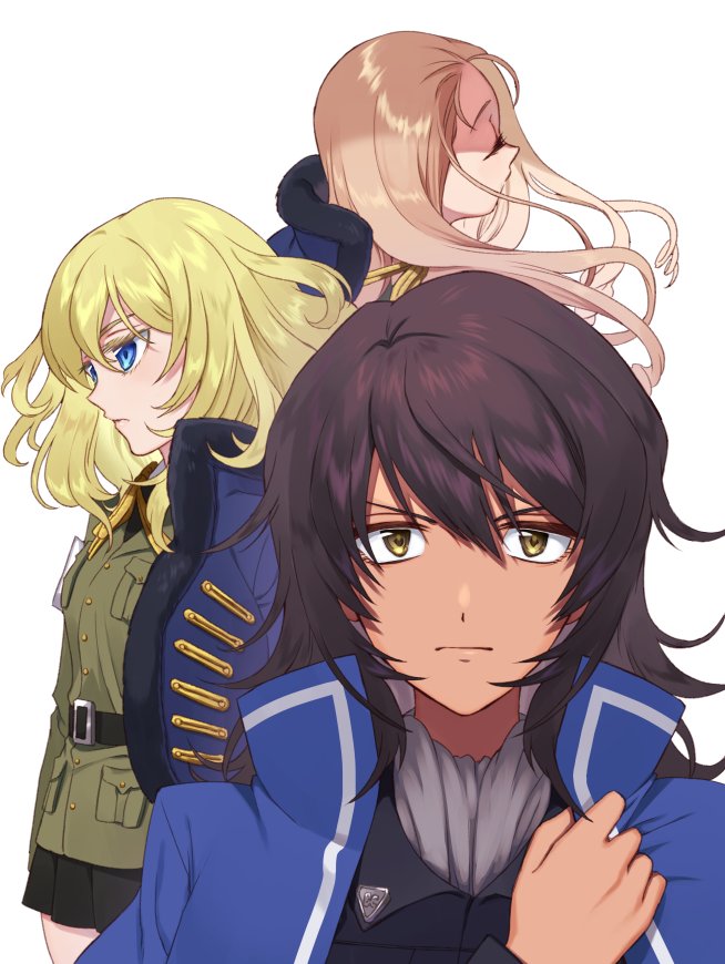 3girls andou_(girls_und_panzer) artist_name ascot bangs bc_freedom_military_uniform belt black_belt black_hair black_skirt blonde_hair blue_eyes blue_jacket brown_eyes brown_jacket closed_eyes closed_mouth commentary_request copyright_name cosplay dark_skin dated drill_hair english_text eyelashes frown girls_und_panzer jacket jacket_on_shoulders long_hair long_sleeves looking_at_viewer looking_to_the_side marie_(girls_und_panzer) medium_hair messy_hair military military_uniform miniskirt multiple_girls oshida_(girls_und_panzer) petals pleated_skirt serious shutou_mq skirt standing translated uniform versailles_no_bara white_background white_neckwear wind