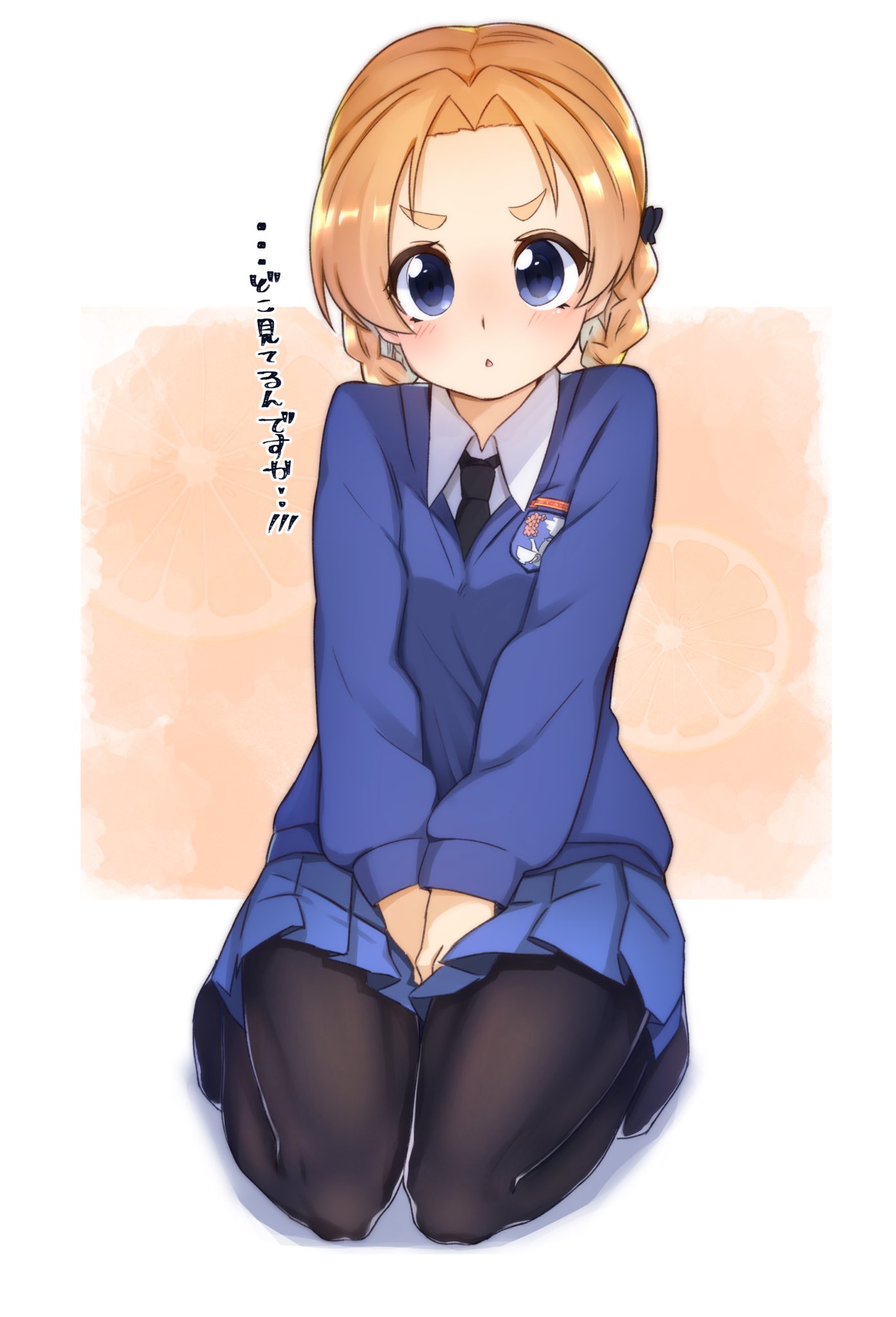 1girl between_legs black_bow black_legwear black_neckwear blue_eyes blue_skirt blue_sweater bow braid commentary dress_shirt emblem food frown fruit full_body girls_und_panzer hair_bow hand_between_legs highres legs light_blush long_sleeves looking_at_viewer miniskirt necktie orange orange_background orange_hair orange_pekoe orange_slice outside_border pantyhose parted_lips pleated_skirt school_uniform seiza shirt short_hair sitting skirt solo st._gloriana's_(emblem) st._gloriana's_school_uniform sweater tied_hair toon_(noin) translated twin_braids v-neck v_arms white_shirt wing_collar