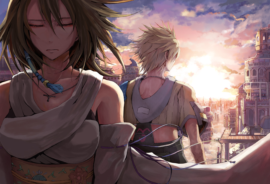 1boy 1girl blonde_hair breasts brown_hair building closed_eyes closed_mouth commentary_request final_fantasy final_fantasy_x japanese_clothes jewelry necklace short_hair tidus toufu_koubou yuna_(ff10)