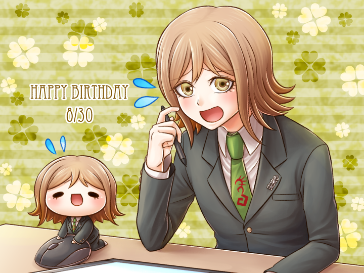 1boy :d androgynous brown_eyes brown_hair character_doll dangan_ronpa dangan_ronpa_3 green_background green_neckwear grey_jacket happy_birthday holding holding_pen jacket long_sleeves male_focus mitarai_ryouta mouse_(computer) necktie open_mouth pen short_hair sitting smile solo striped striped_background yumaru_(marumarumaru)