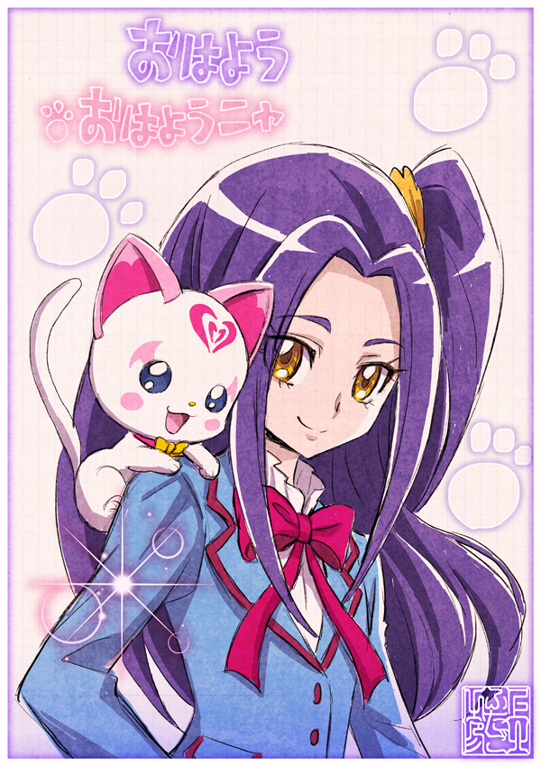 1girl aria_gakuen_school_uniform blazer blue_hair blush_stickers bow bowtie cat commentary eyebrows_visible_through_hair eyes_visible_through_hair hair_ornament hair_scrunchie heart hummy_(suite_precure) jacket kamikita_futago kurokawa_eren lens_flare long_hair long_sleeves looking_at_viewer paw_print precure school_uniform scrunchie seiren_(suite_precure) side_ponytail signature smile suite_precure translated yellow_eyes yellow_scrunchie