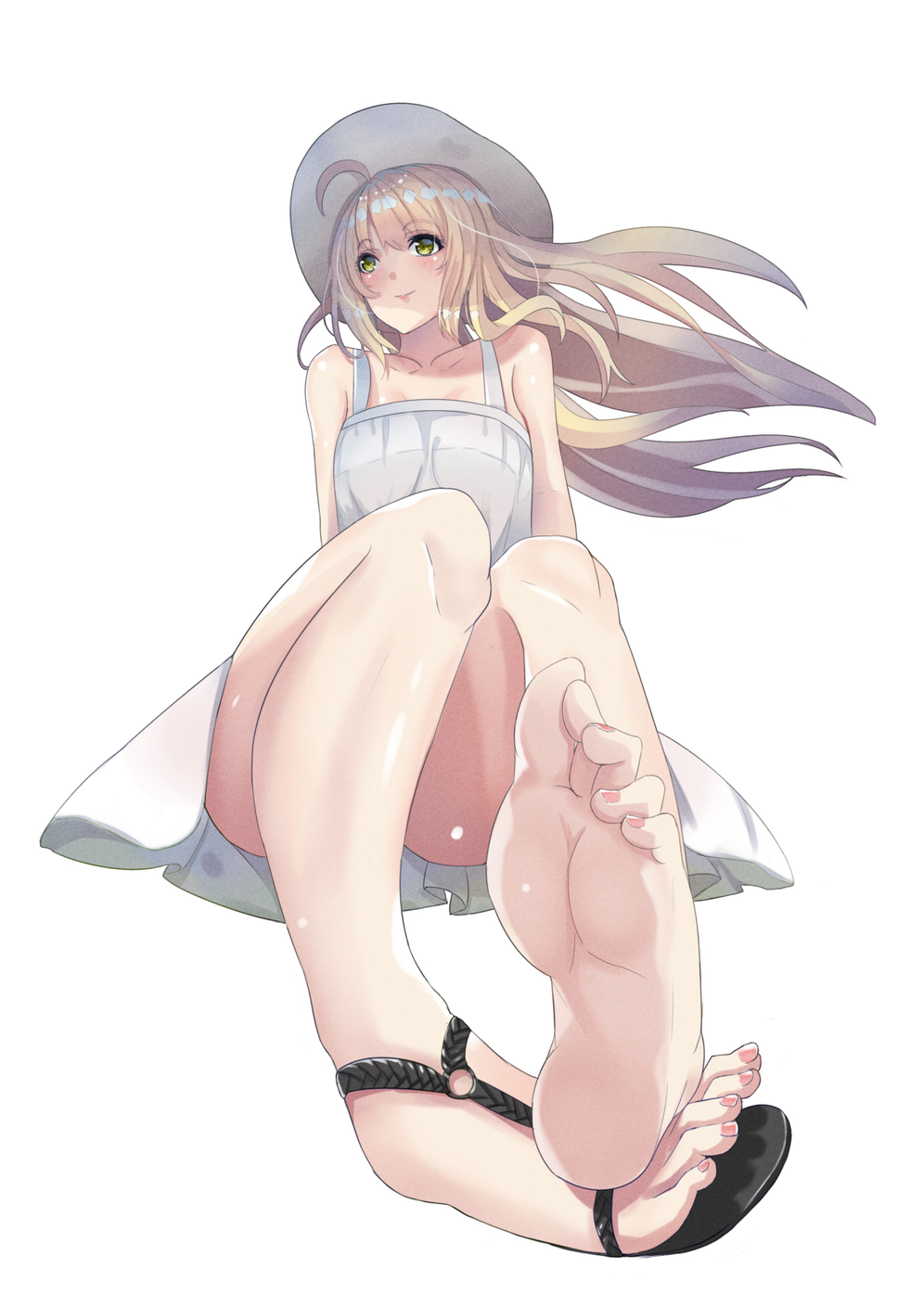 1girl artoria_pendragon_(all) barefoot blonde_hair commentary_request dress eyebrows_visible_through_hair fate_(series) feet hat highres mirukuiro nail_polish pink_nails pov_feet saber shoes single_shoe sitting soles toes white_dress yellow_eyes