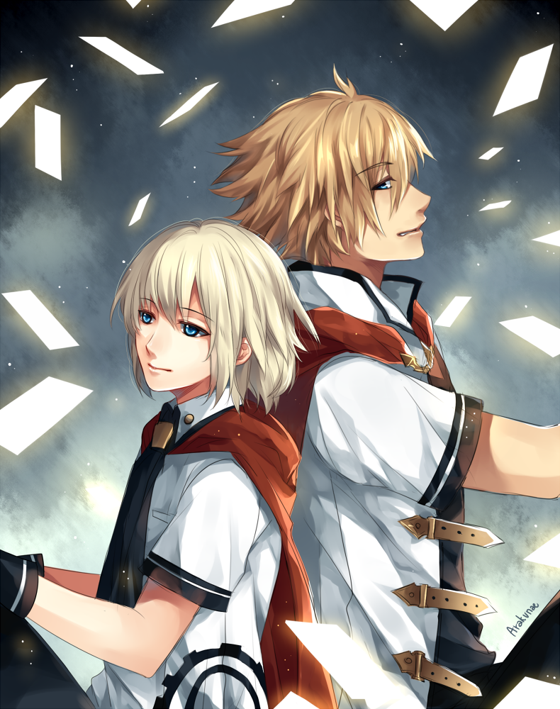 2boys ace_(fft-0) akademeia_uniform arakunae black_neckwear blonde_hair blue_eyes cape card eyebrows_visible_through_hair final_fantasy final_fantasy_type-0 male_focus multiple_boys neckwear nine_(fft-0) plaid red_cape scarf school_uniform shirt short_hair simple_background smile uniform white_shirt